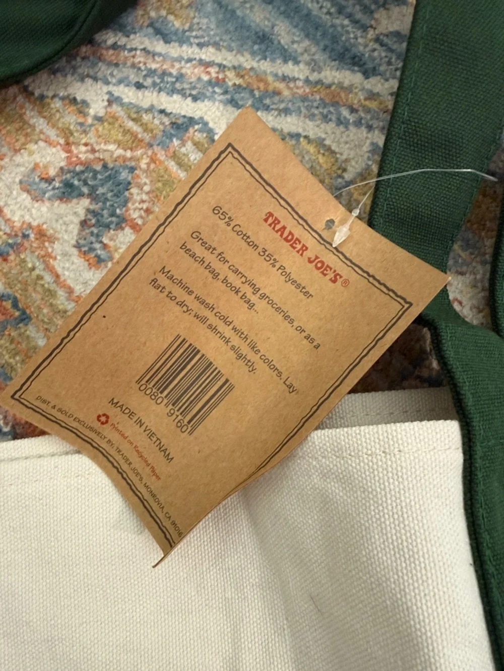 NWT Trader Joe's Green Canvas Tote Bag - Picture 3 of 3